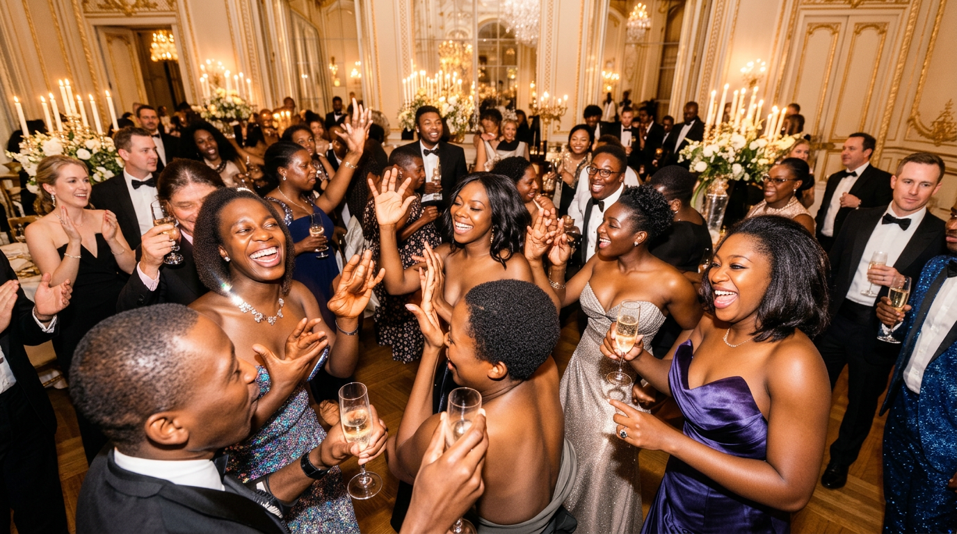Black guests laughing and celebrating at a candlelit reception