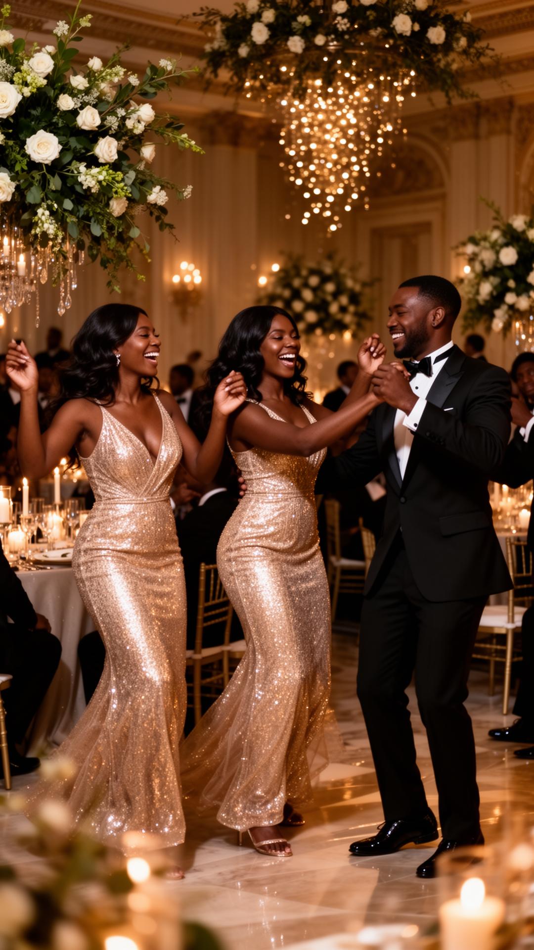 Black guests dancing joyfully in a candlelit ballroom