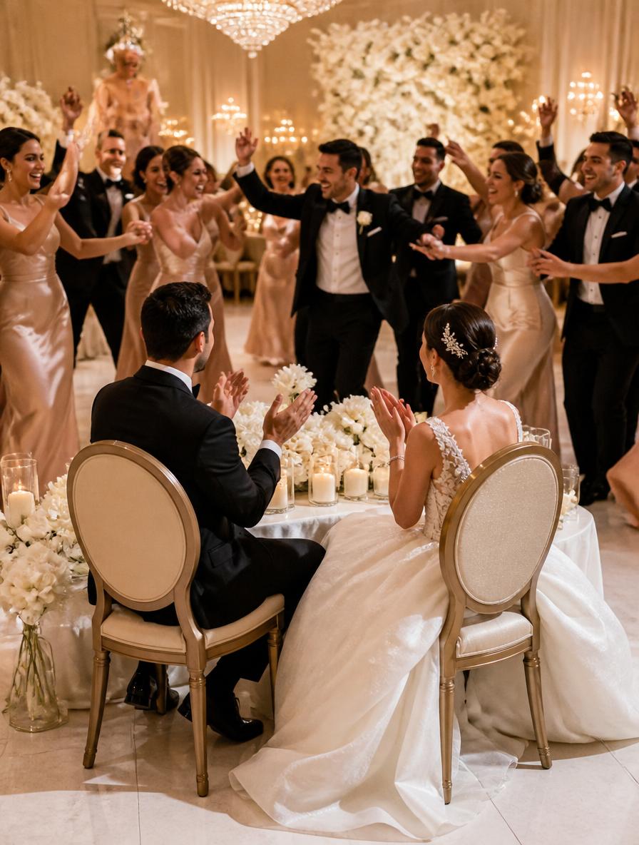 Bride and groom seated in chairs while their wedding party dances around them at a luxury reception