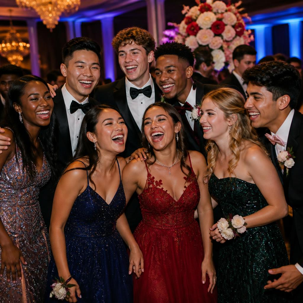 Diverse group of high school students celebrating at a beautiful prom venue
