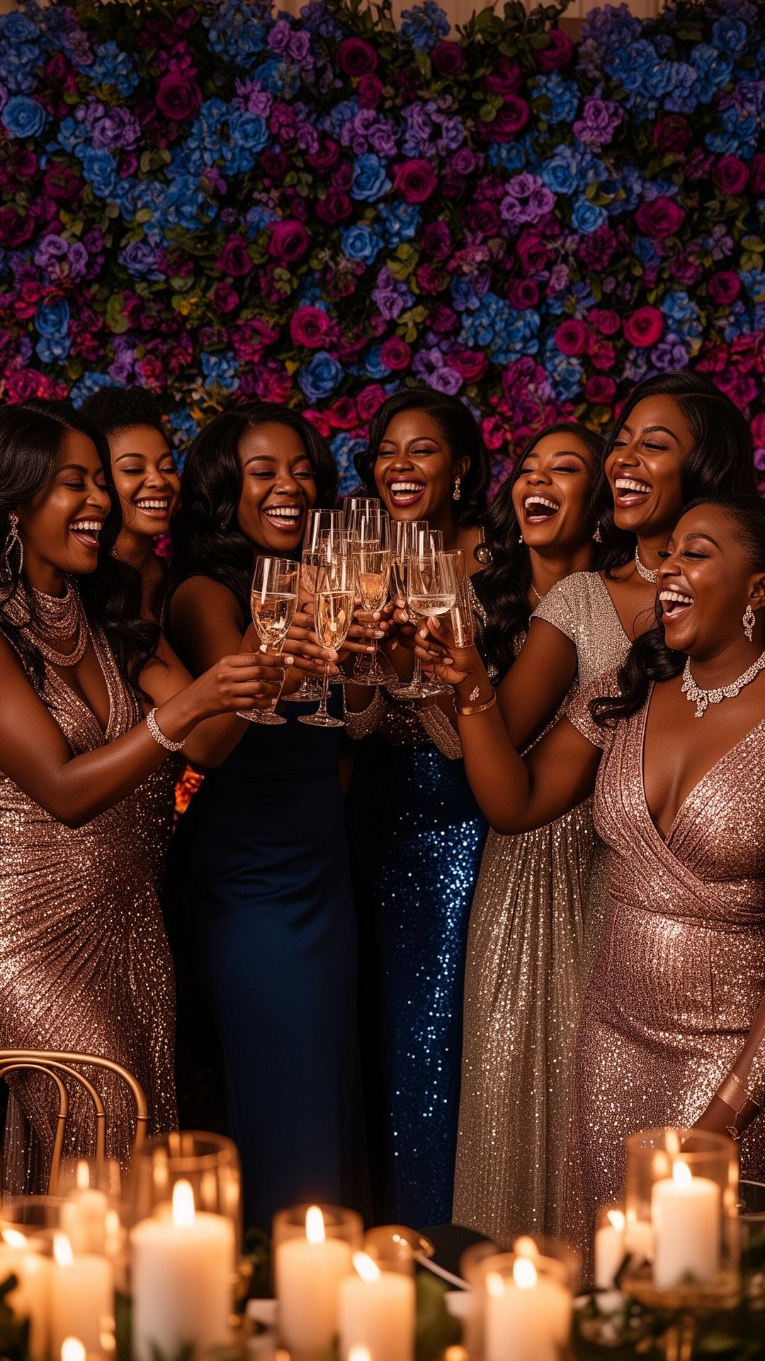 Elegant Black women raising champagne glasses at a celebration