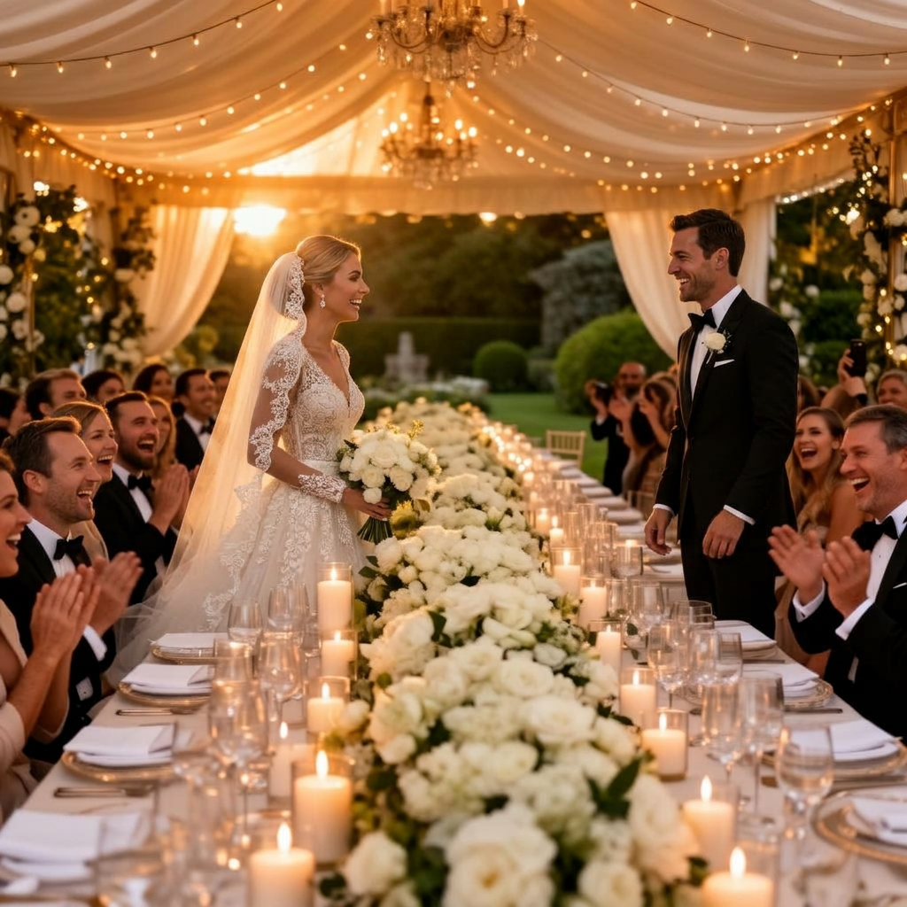 Black bride and groom at a candlelit garden estate wedding reception